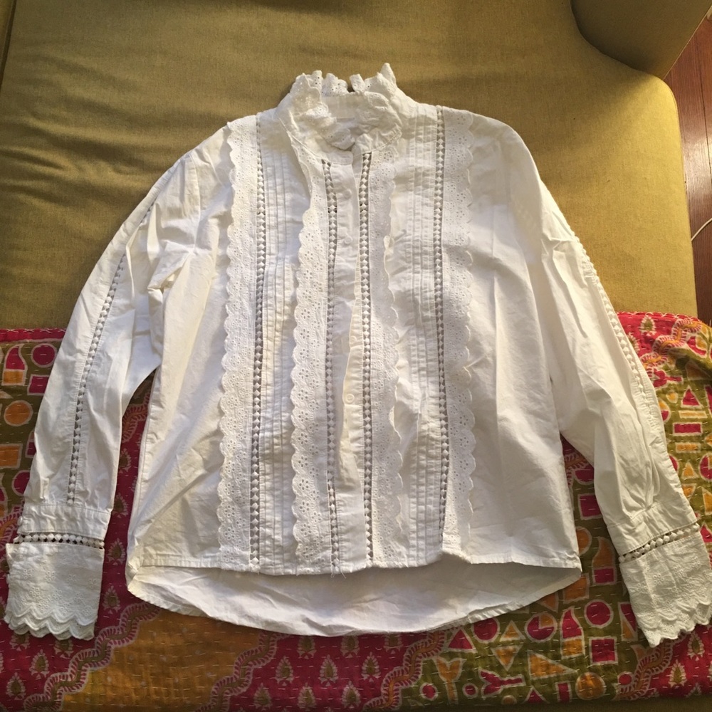 SÉZANE White Cotton Victorian Lace-Trim Shirt S-M